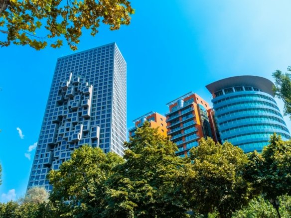 Very modern buildings in the center near Skanderbeg Square in Tirana. Albania