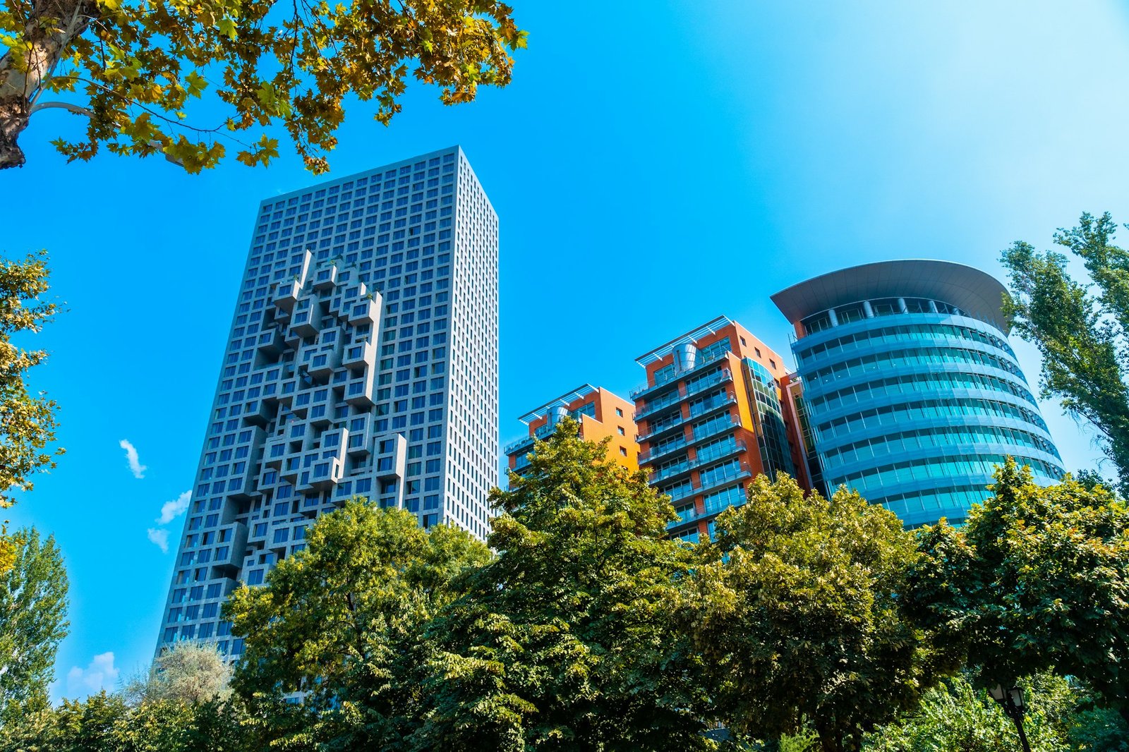 Very modern buildings in the center near Skanderbeg Square in Tirana. Albania